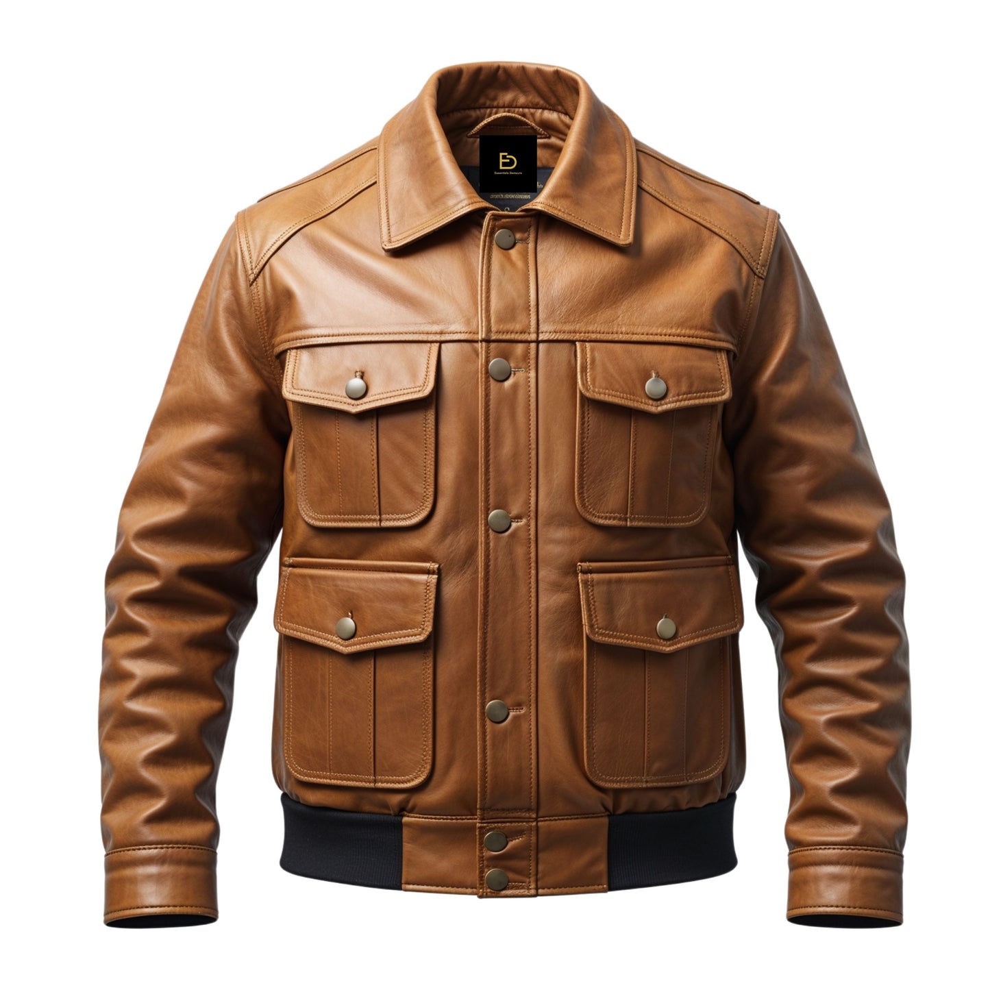 Men's Tan Leather Utility Jacket with Four Flap Pockets, Ribbed Hem
