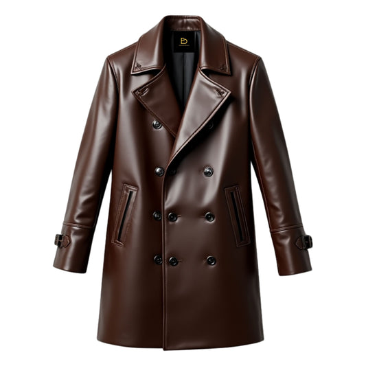 Men's Brown Real Leather Double Breasted Trench Coat – Classic Formal Outerwear