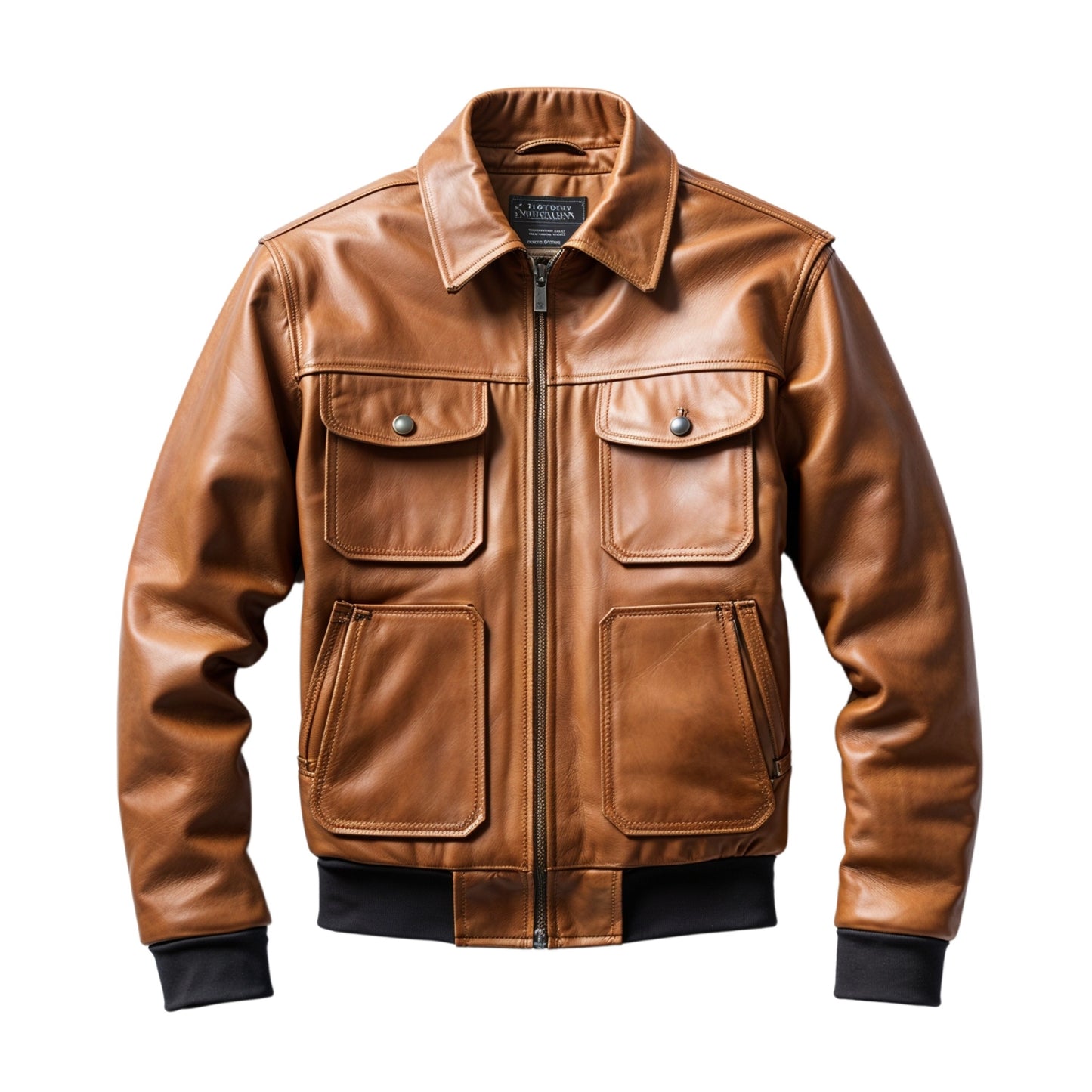 Men's Tan Brown Real Leather Bomber Jacket with Shirt Collar and Ribbed Cuffs