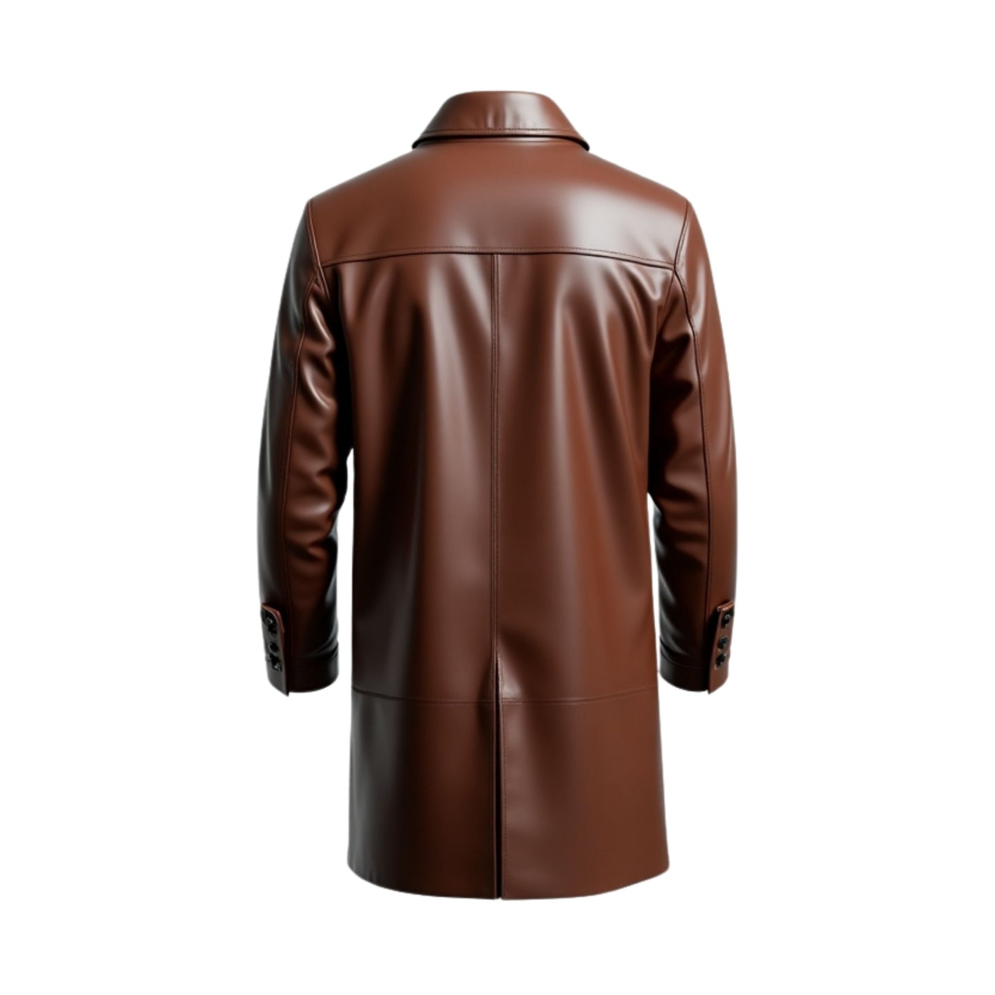Men's Brown Leather Long Coat: Tailored Overcoat with Zip Pockets