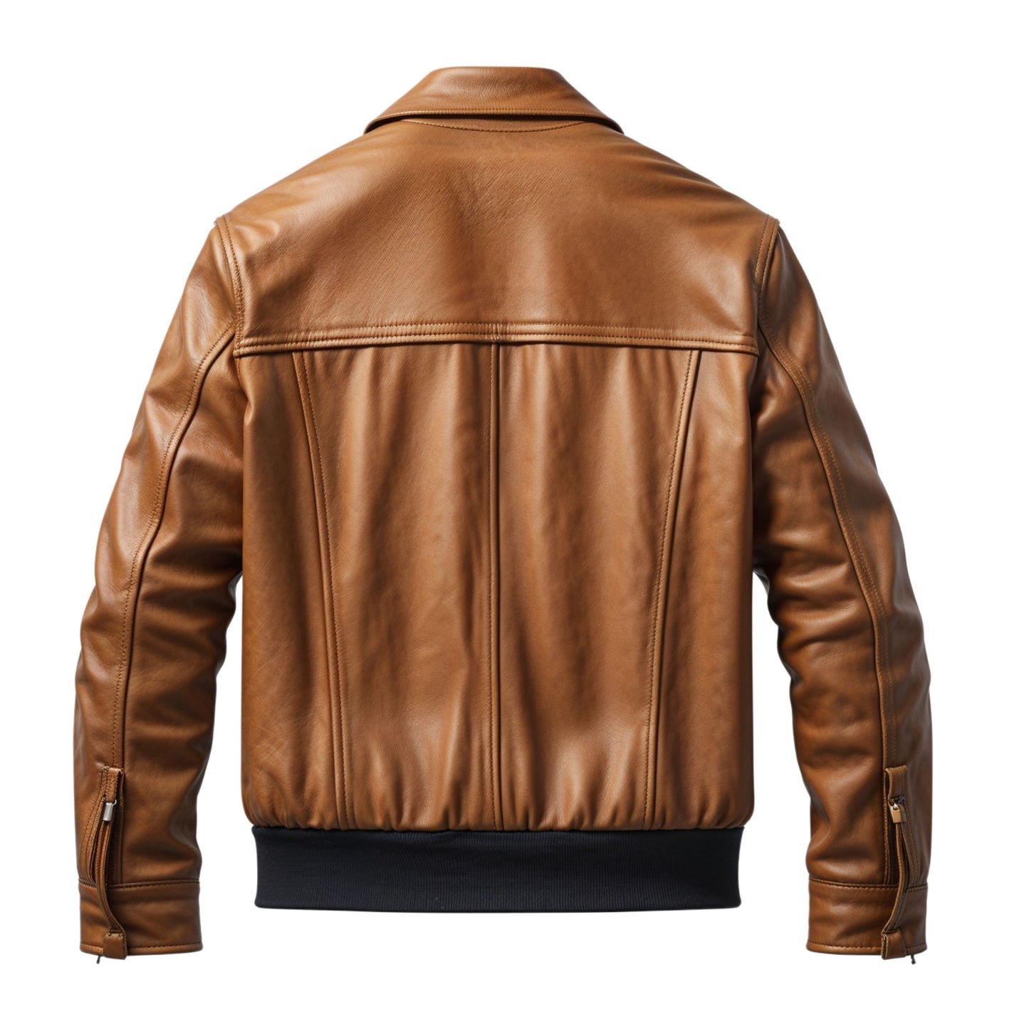 Men's Tan Leather Utility Jacket with Four Flap Pockets, Ribbed Hem