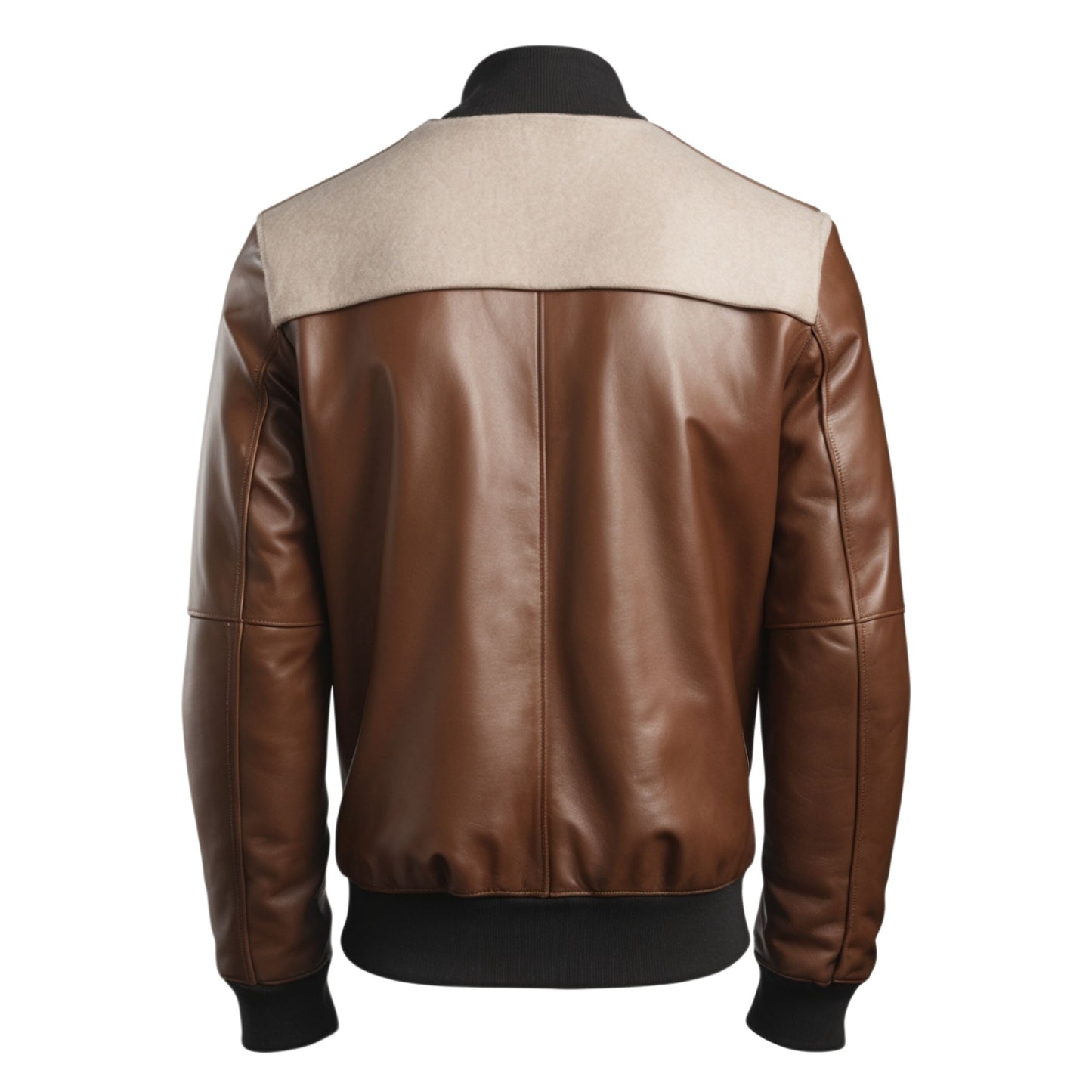 Men's Brown Leather Bomber Jacket Beige Wool Blend Panel – Modern Fit Ribbed Cuffs Waist