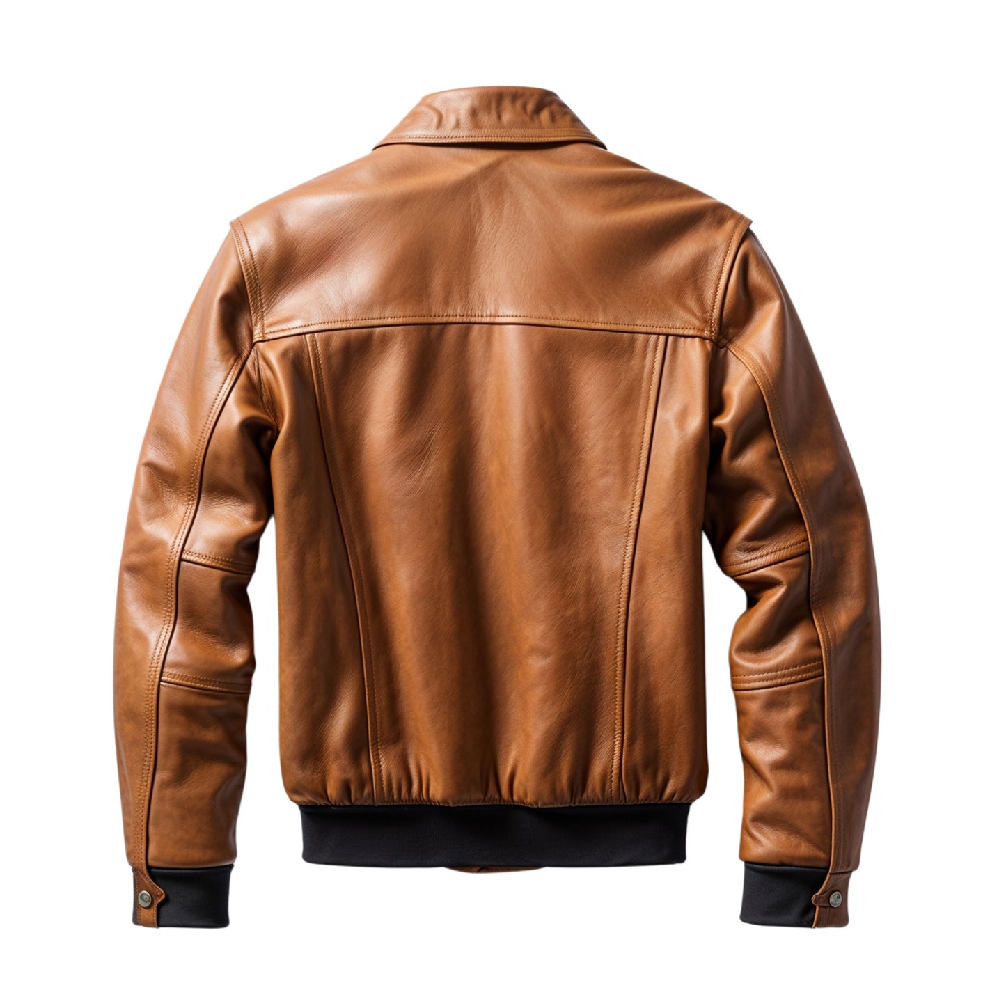 Men's Tan Brown Real Leather Bomber Jacket with Shirt Collar and Ribbed Cuffs