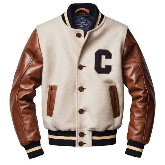 White Wool Varsity Jacket with Brown Leather Sleeves and Chenille Letter Patch