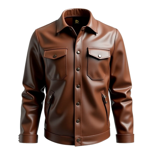 Men's Brown Leather Trucker Jacket: Snap Button, Chest Pockets, Casual Outfit