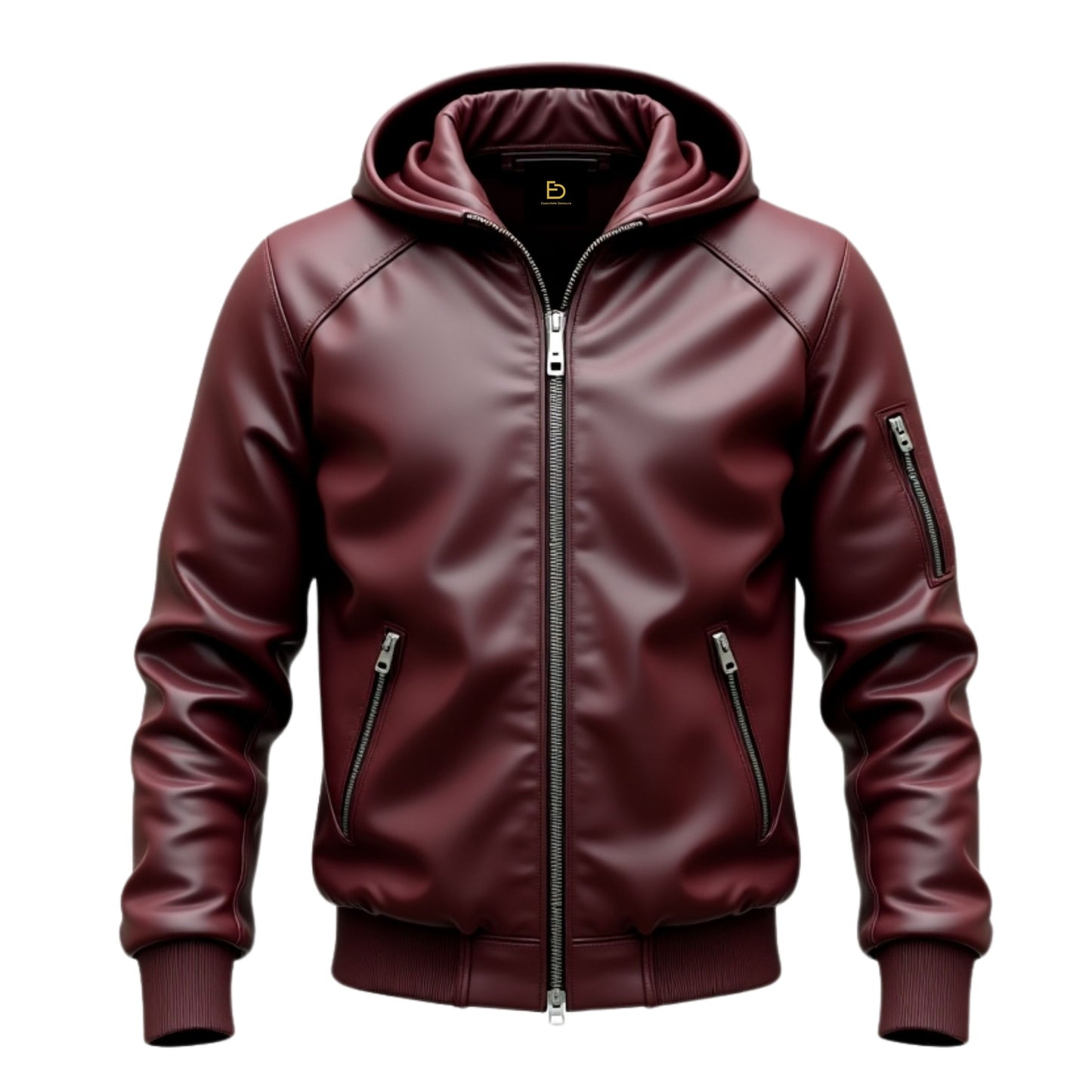 Men's Maroon Real Leather Hooded Bomber Jacket with Zipper Pockets – Modern Fit