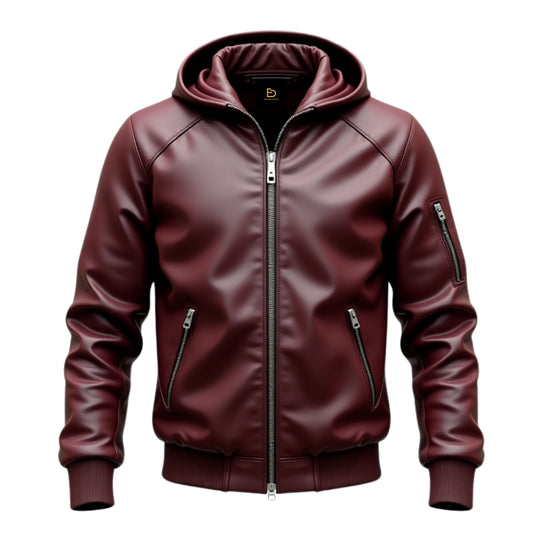 Men's Maroon Real Leather Hooded Bomber Jacket with Zipper Pockets – Modern Fit
