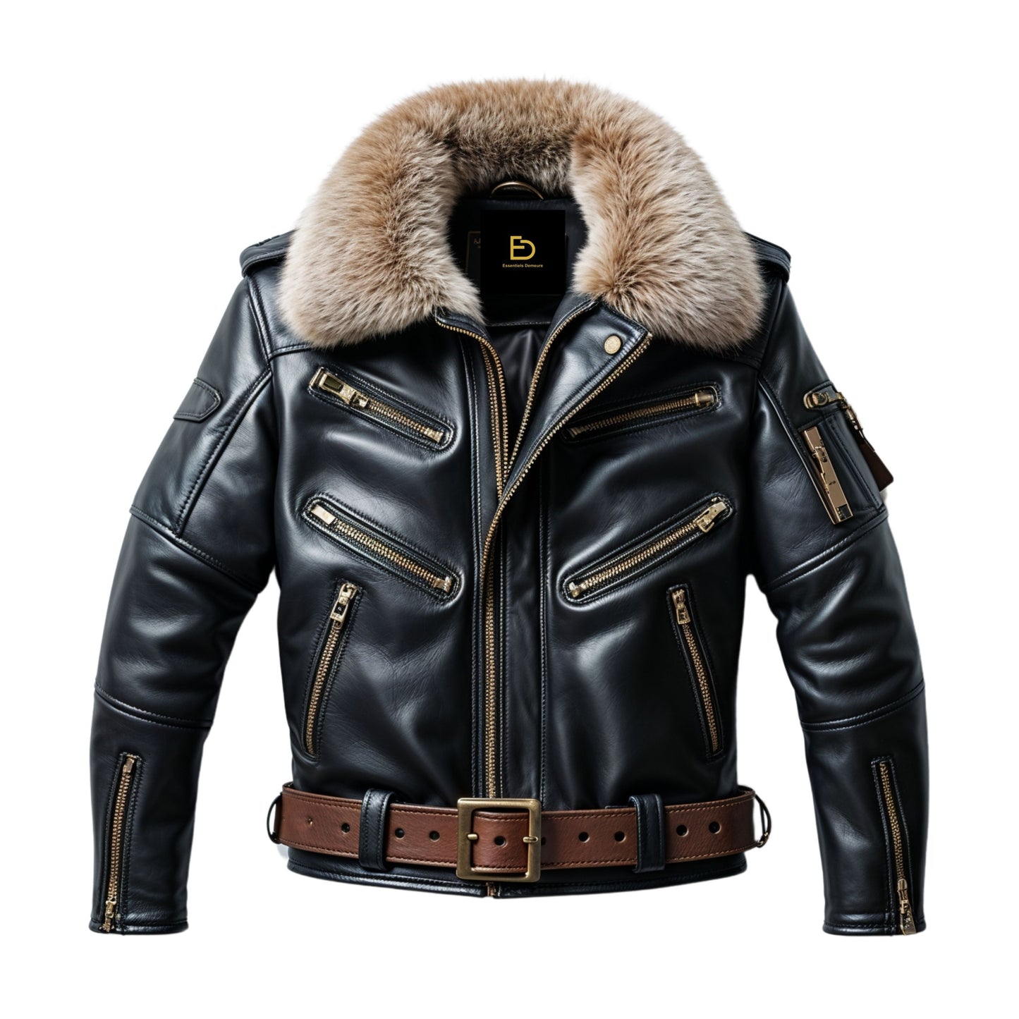 Men's Black Real Leather Biker Jacket with Removable Fur Collar, Zip Pockets, Adjustable Waist