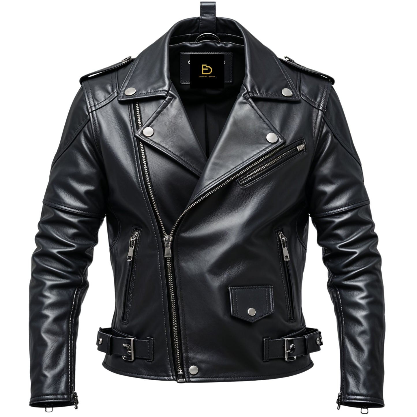 Men's Black Leather Biker Jacket with Zipper Details and Belt