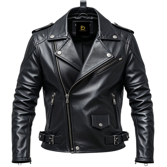 Men's Black Leather Biker Jacket with Zipper Details and Belt