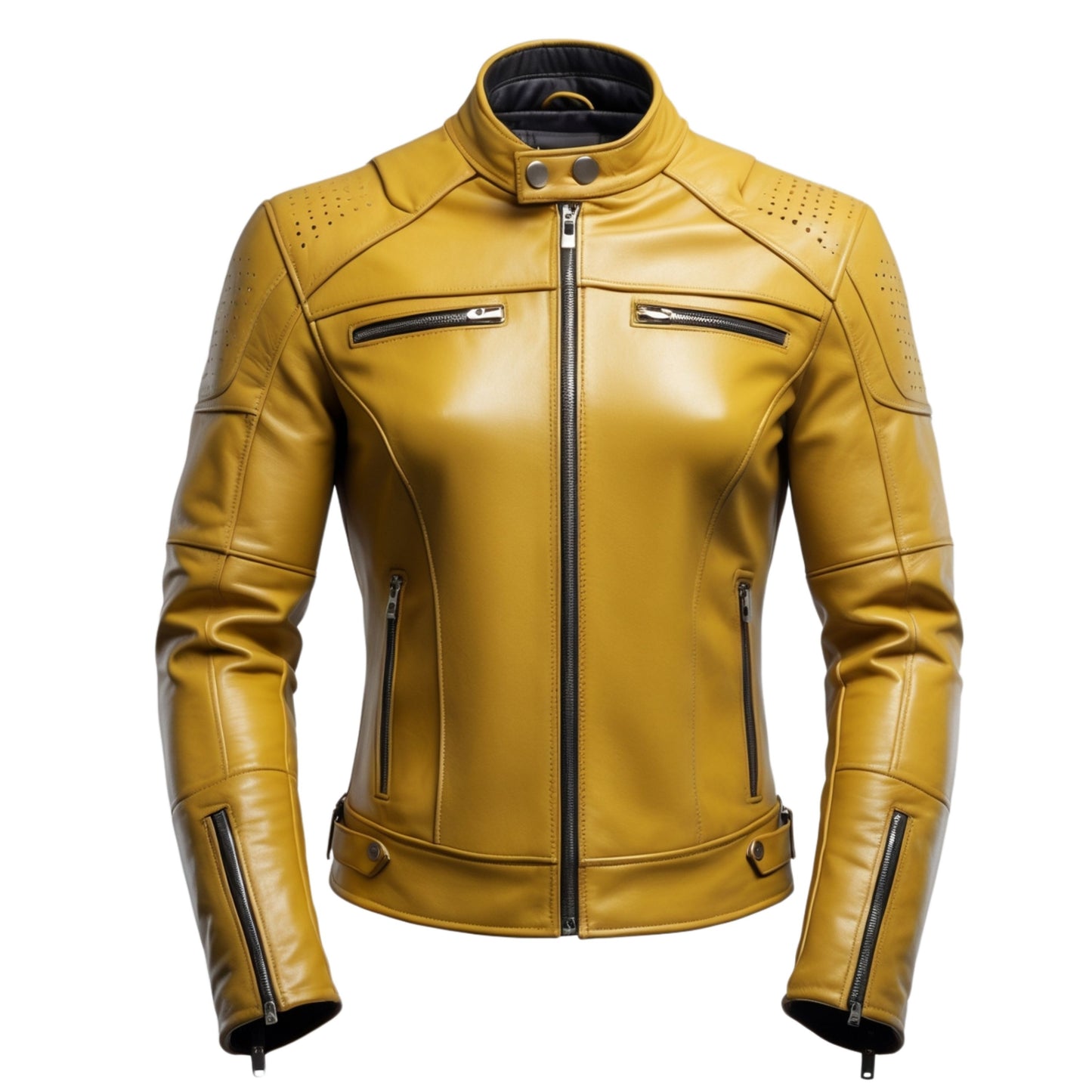 Men's Mustard Yellow Leather Moto Jacket: Slim Fit, Perforated Details, Stand Collar
