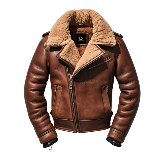 Men's Real Leather Aviator Bomber Jacket with Plush Shearling Collar