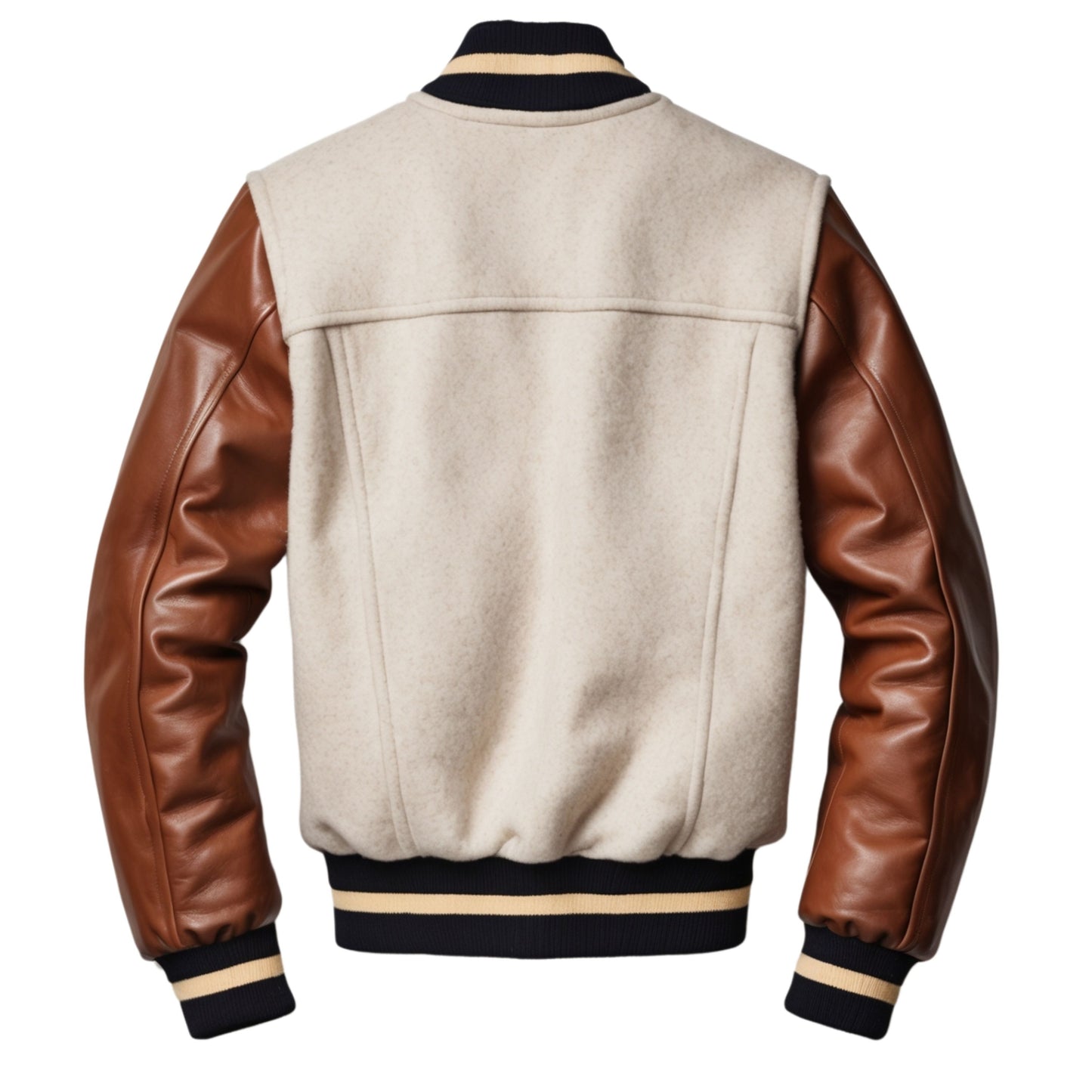 White Wool Varsity Jacket with Brown Leather Sleeves and Chenille Letter Patch