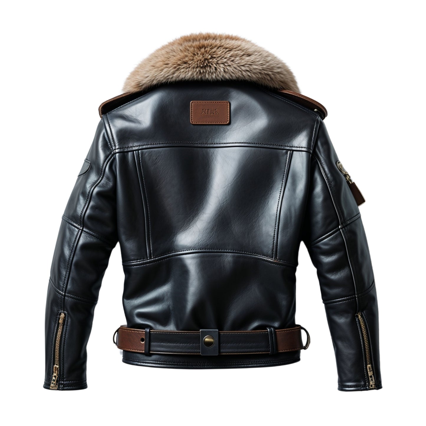 Men's Black Real Leather Biker Jacket with Removable Fur Collar, Zip Pockets, Adjustable Waist