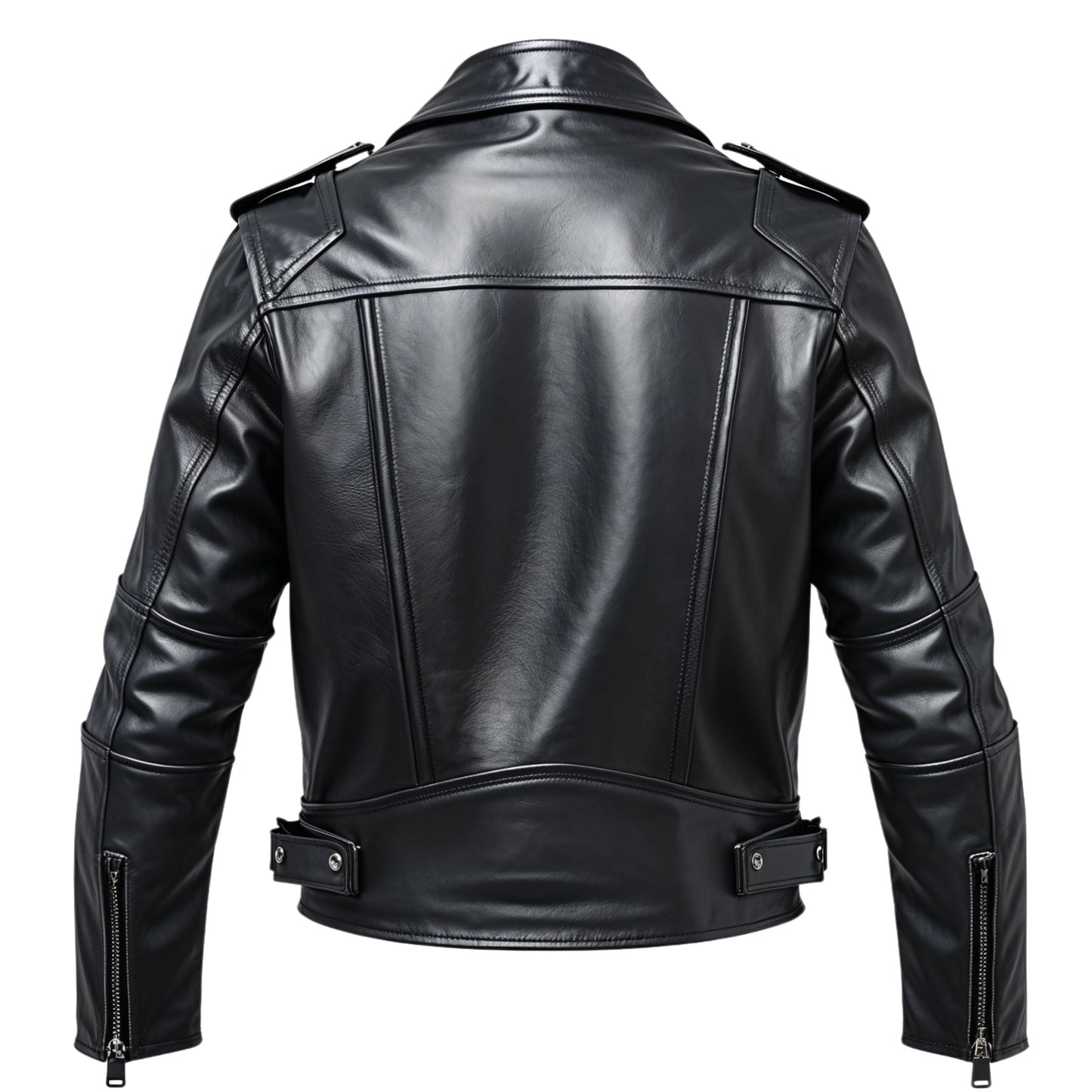 Men's Black Leather Biker Jacket with Zipper Details and Belt