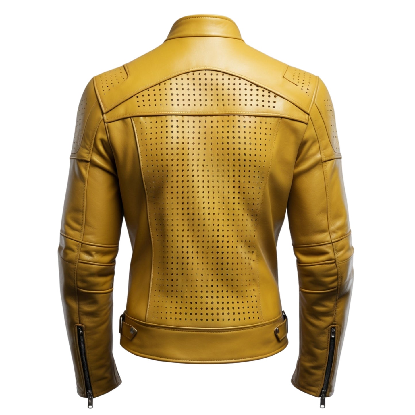 Men's Mustard Yellow Leather Moto Jacket: Slim Fit, Perforated Details, Stand Collar