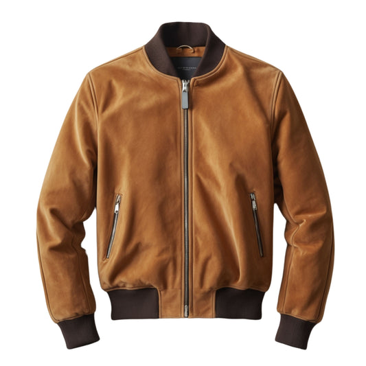 Tan Real Leather Bomber Jacket Rib Knit Trim and Zip Closure – Lightweight Casual Fit