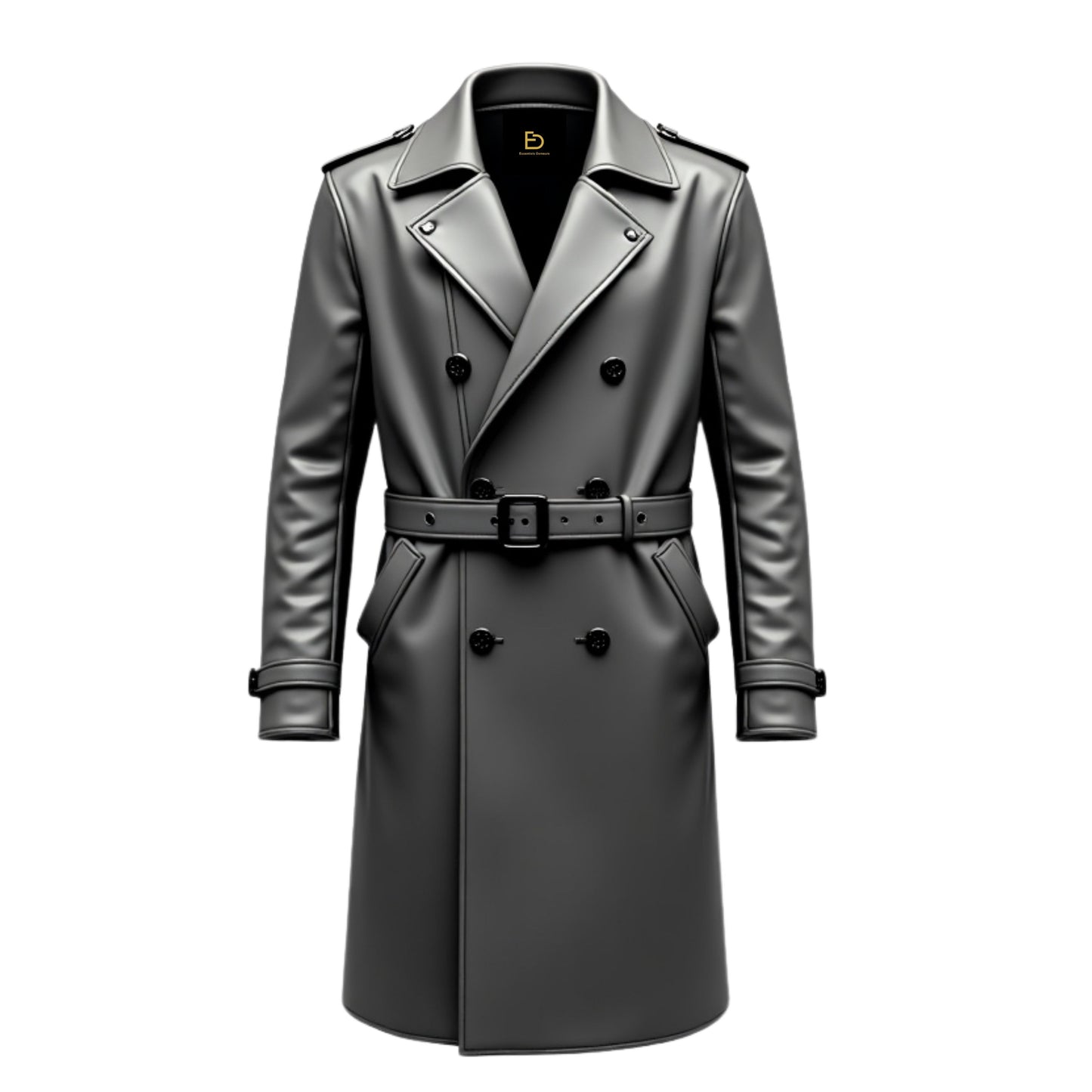 Men's Real Leather Double Breasted Trench Coat – Grey, Belted, Epaulets