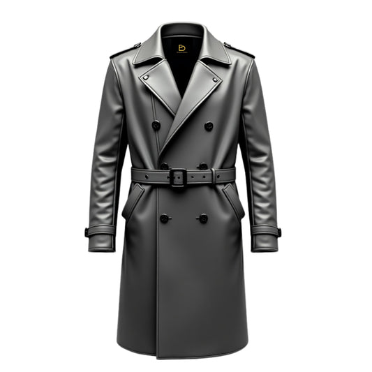 Men's Real Leather Double Breasted Trench Coat – Grey, Belted, Epaulets