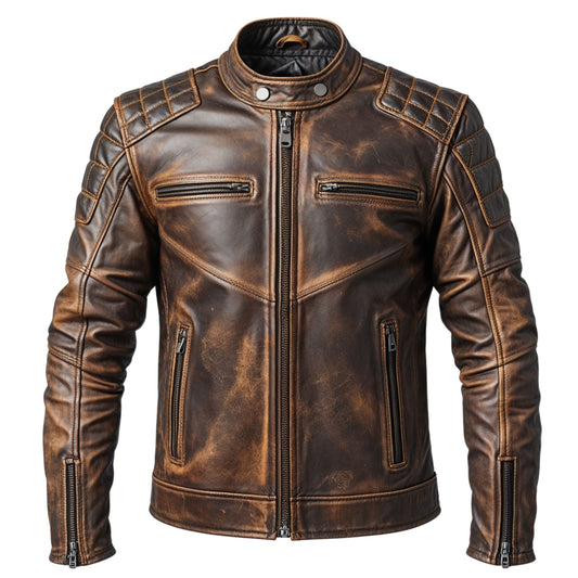 Quilted Shoulder Distressed Brown Leather Biker Jacket Zipper Cuffs Multiple Pockets Modern Vintage Wear