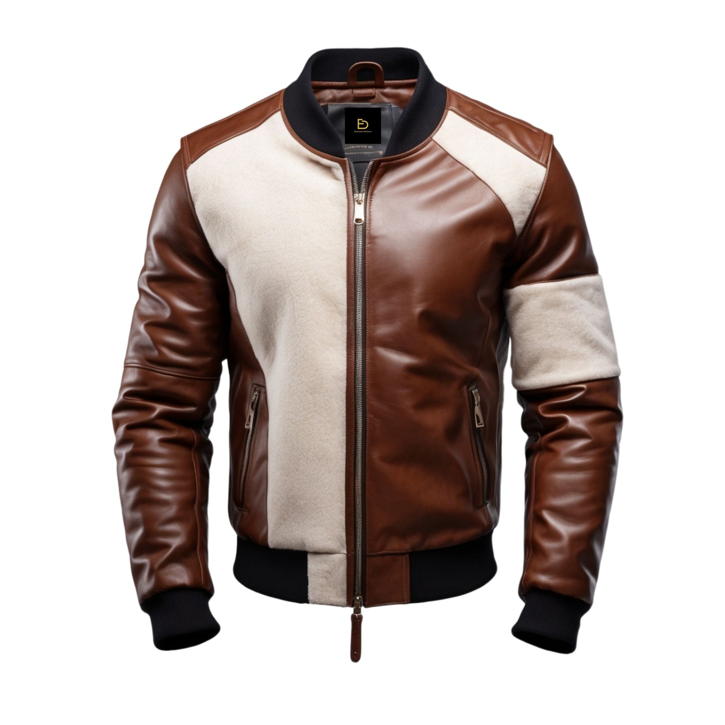 Men's Brown Leather Bomber Jacket with Beige Panel, Modern Fit, Zip Front, Ribbed Cuffs