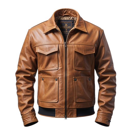 Men's Tan Real Leather Bomber Jacket with Flap Pockets, Ribbed Hem
