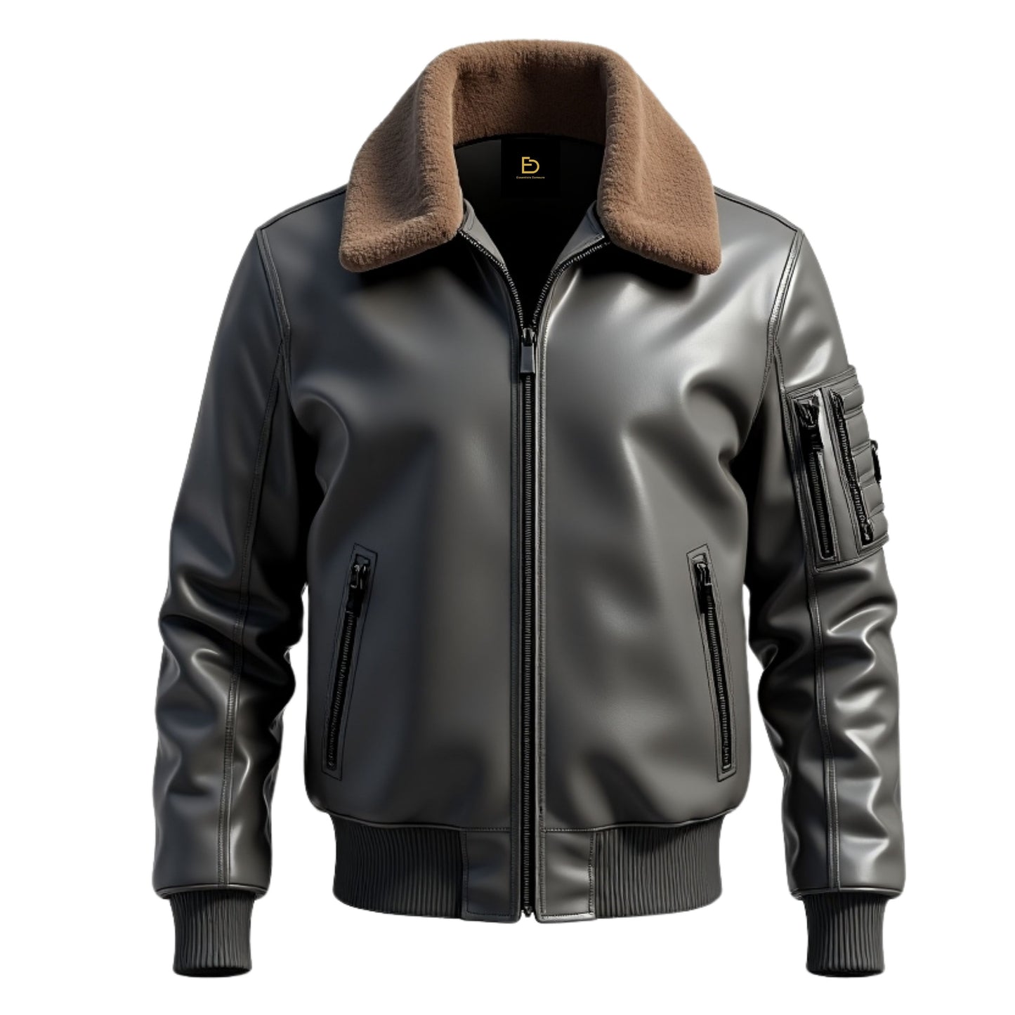 Men's Grey Leather Bomber Jacket with Shearling Collar, Ribbed Cuffs, Winter Casual Wear