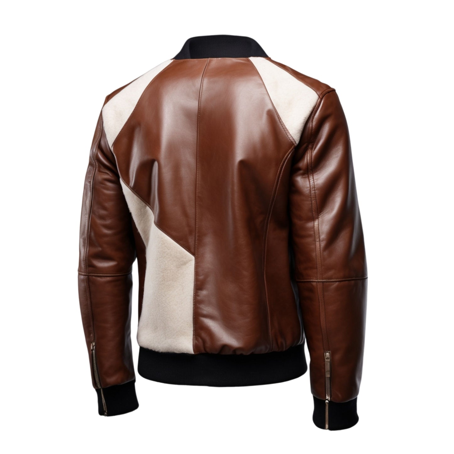 Men's Brown Leather Bomber Jacket with Beige Panel, Modern Fit, Zip Front, Ribbed Cuffs