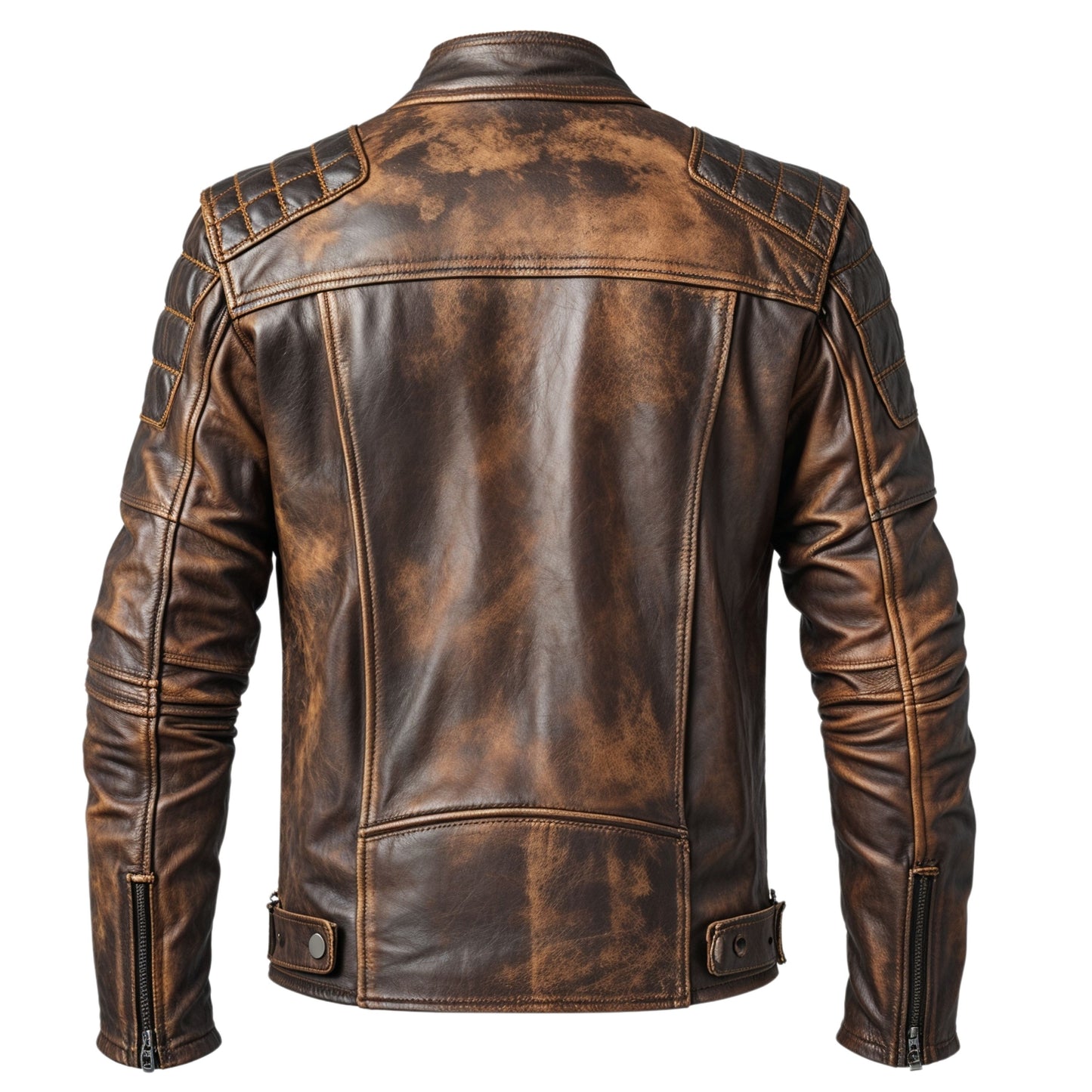 Quilted Shoulder Distressed Brown Leather Biker Jacket Zipper Cuffs Multiple Pockets Modern Vintage Wear