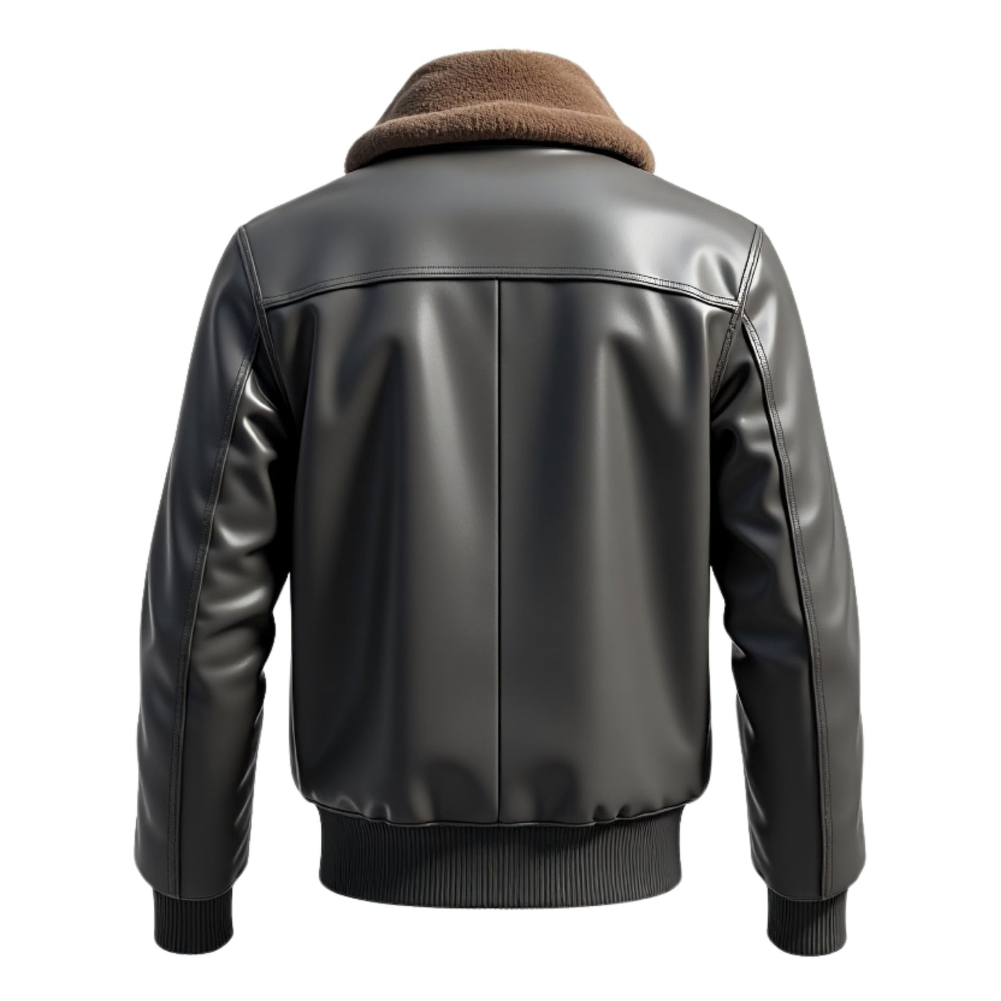 Men's Grey Leather Bomber Jacket with Shearling Collar, Ribbed Cuffs, Winter Casual Wear