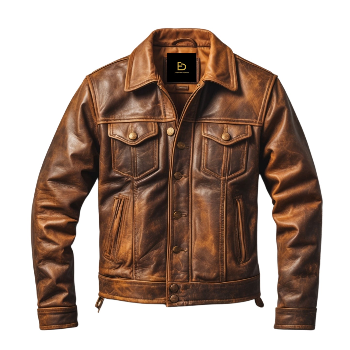 Real Leather Trucker Jacket: Vintage Rugged Brown Button Front Spread Collar