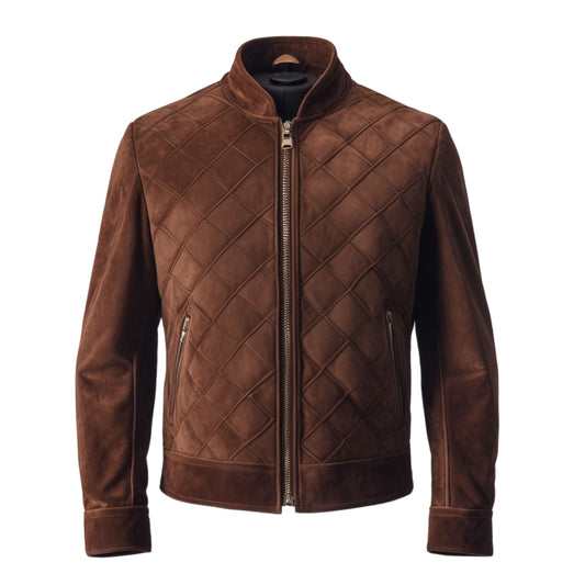 Men's Quilted Brown Leather Jacket – Slim Fit Zip Closure Outerwear