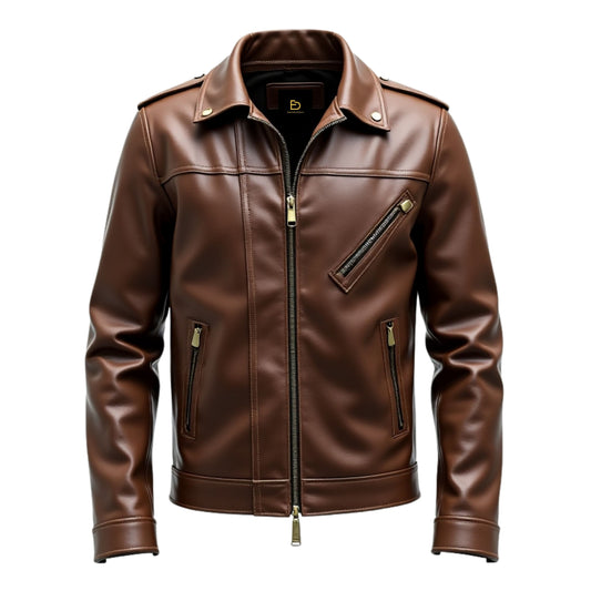 Men's Brown Leather Moto Jacket: Epaulet Shoulders, Zipper Pockets, Modern Style