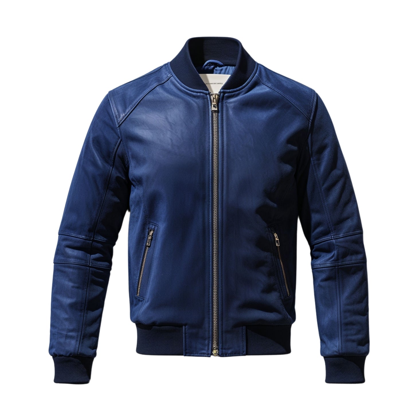 Men's Classic Blue Bomber Jacket: Ribbed Collar, Zipper Closure, Lightweight Casual Wear