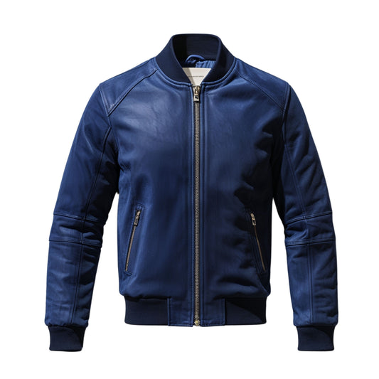 Men's Classic Blue Bomber Jacket: Ribbed Collar, Zipper Closure, Lightweight Casual Wear