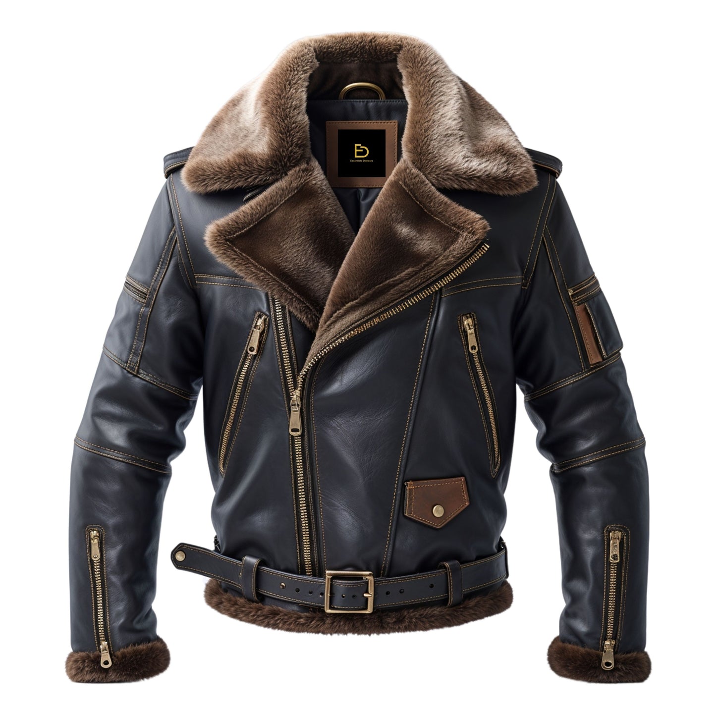Men's Real Leather Aviator Jacket with Faux Fur Collar, Zipper Pockets, Adjustable Belt