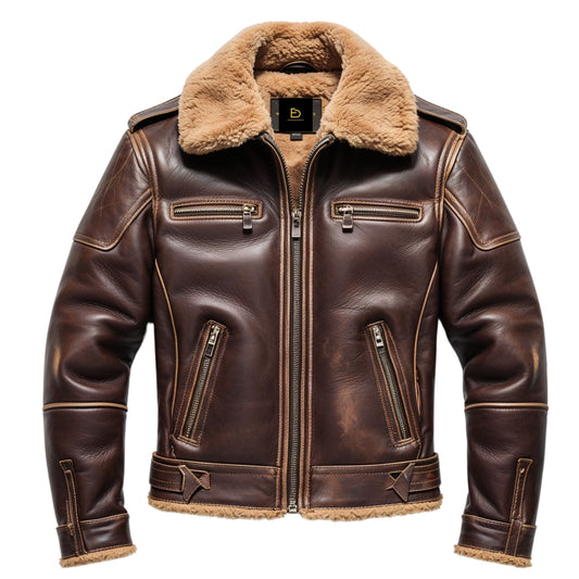 Men's Brown Leather Aviator Jacket with Real Shearling Collar, Plush Lining, Full Zip