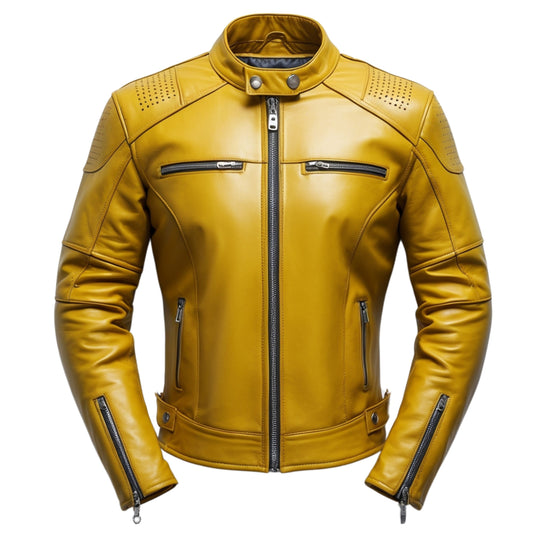 Men's Yellow Real Leather Biker Jacket – Slim Fit, Perforated Shoulder Moto Style