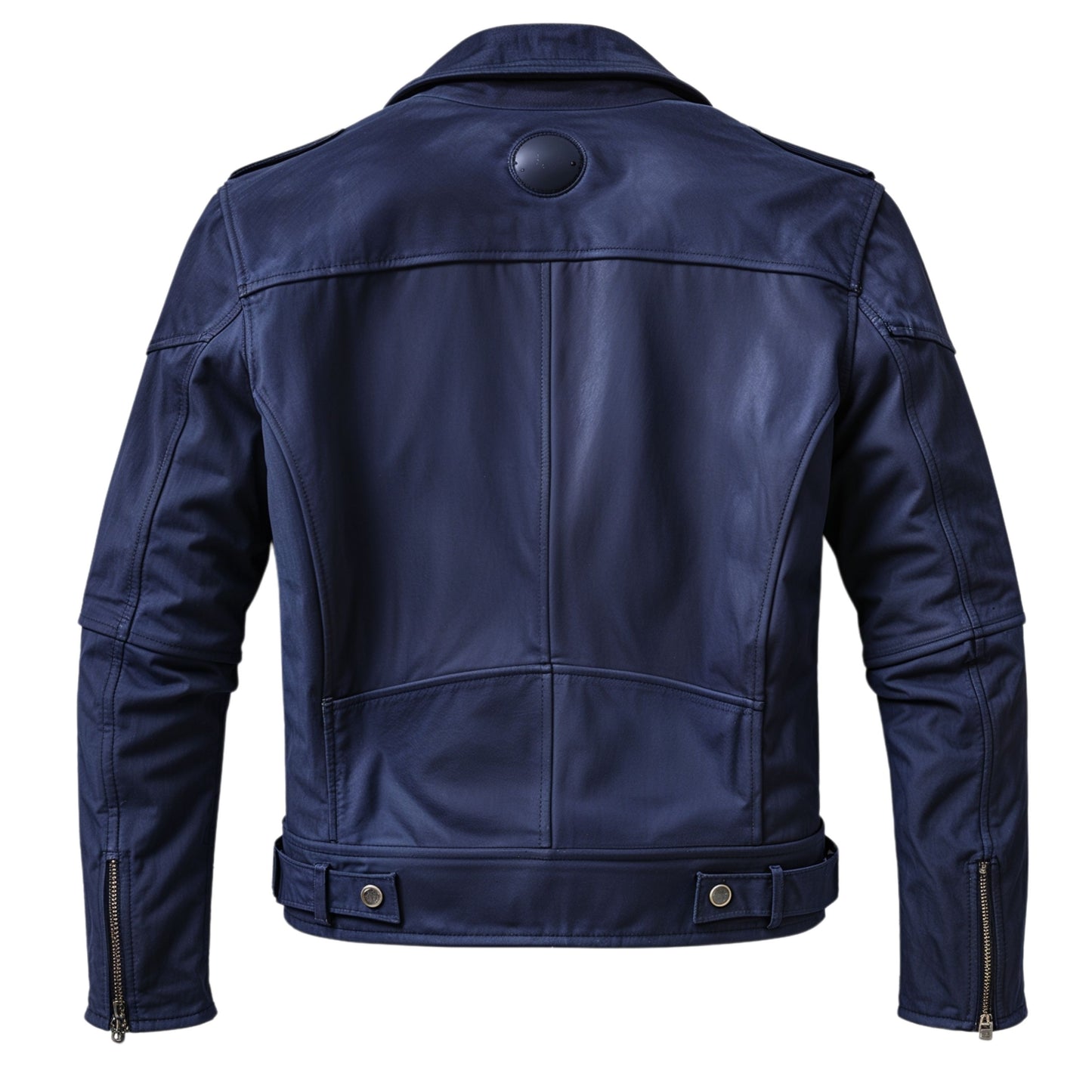 Navy Blue Biker Jacket Asymmetrical Zipper Snap Details Stylish Motorcycle Inspired Modern Urban Fashion