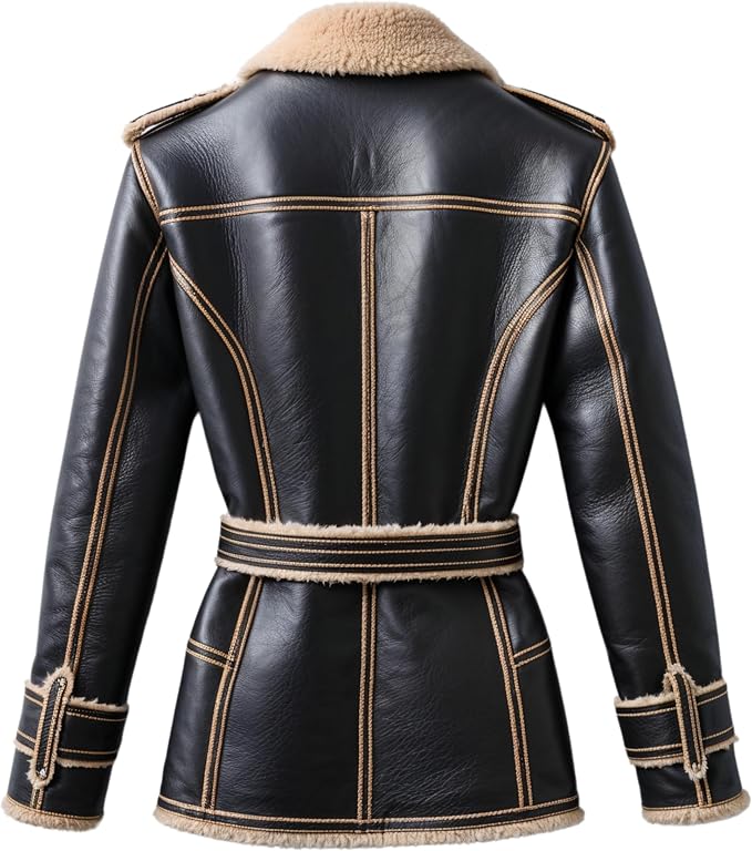 Men Black Leather Shearling Coat Cream Collar Belted Waist Luxurious Warmth Sophisticated Winter Style