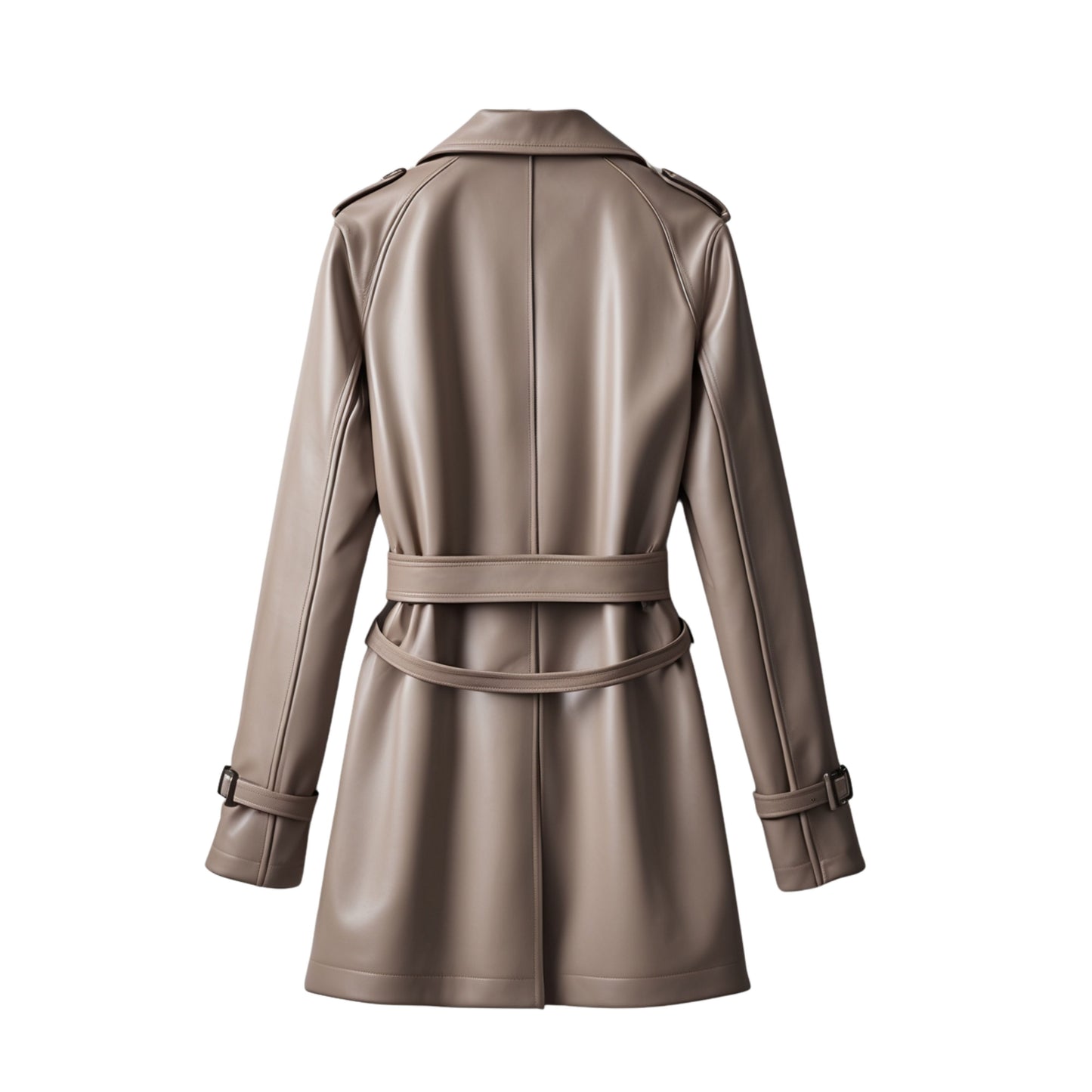 Women's Taupe Leather Trench Coat: Belted, Longline, Elegant Winter Fashion