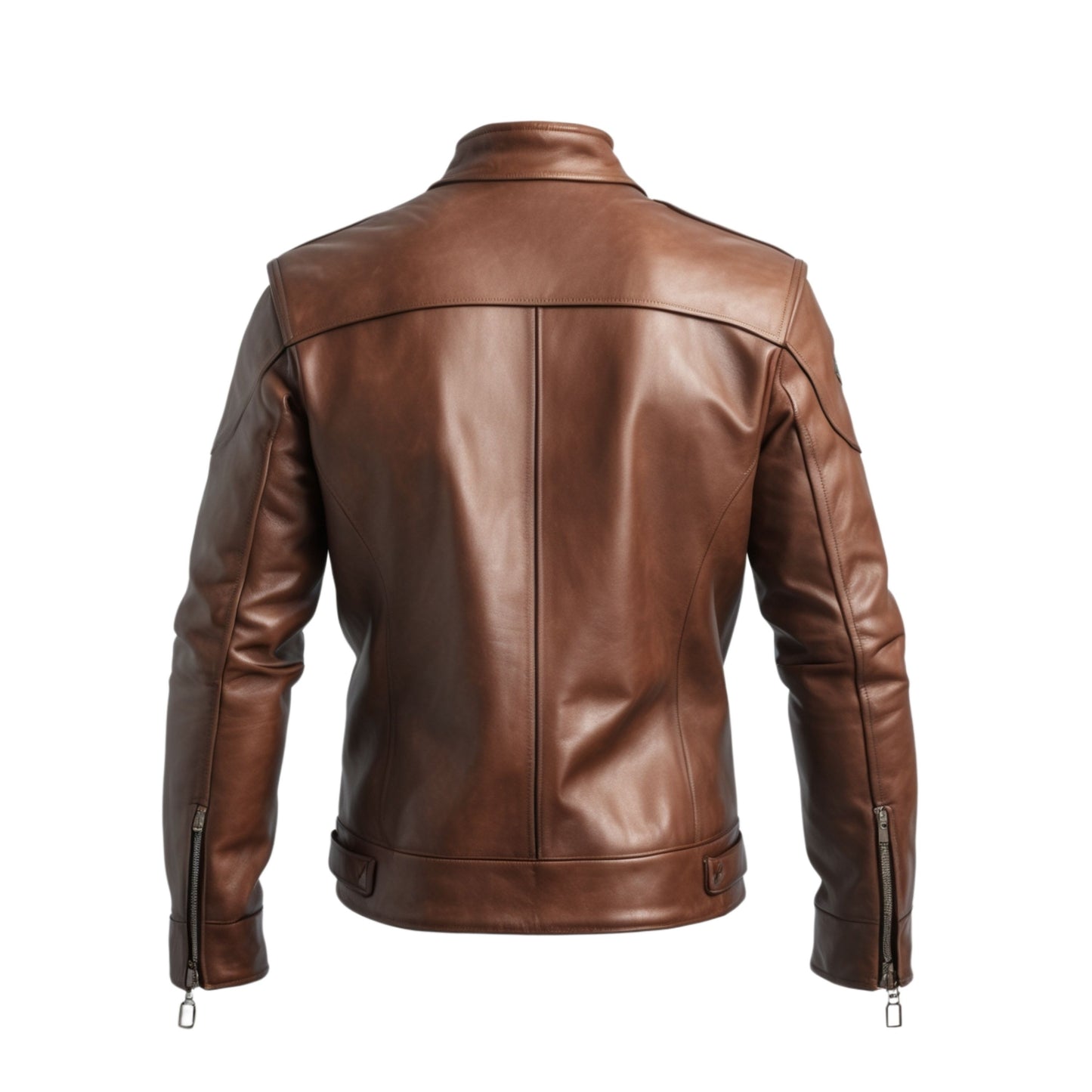 Men's Brown Real Leather Racer Jacket with Stand Collar, Zipper Pockets
