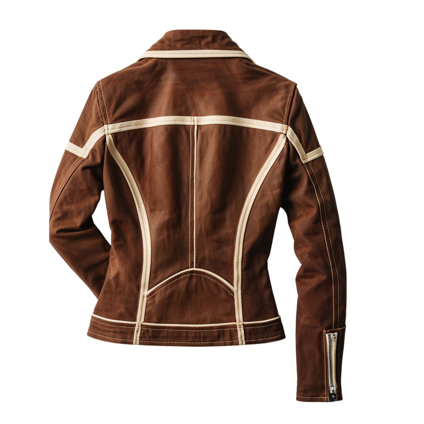 Womens Camel Brown Leather Biker Jacket with Contrast Piping and Asymmetrical Zipper