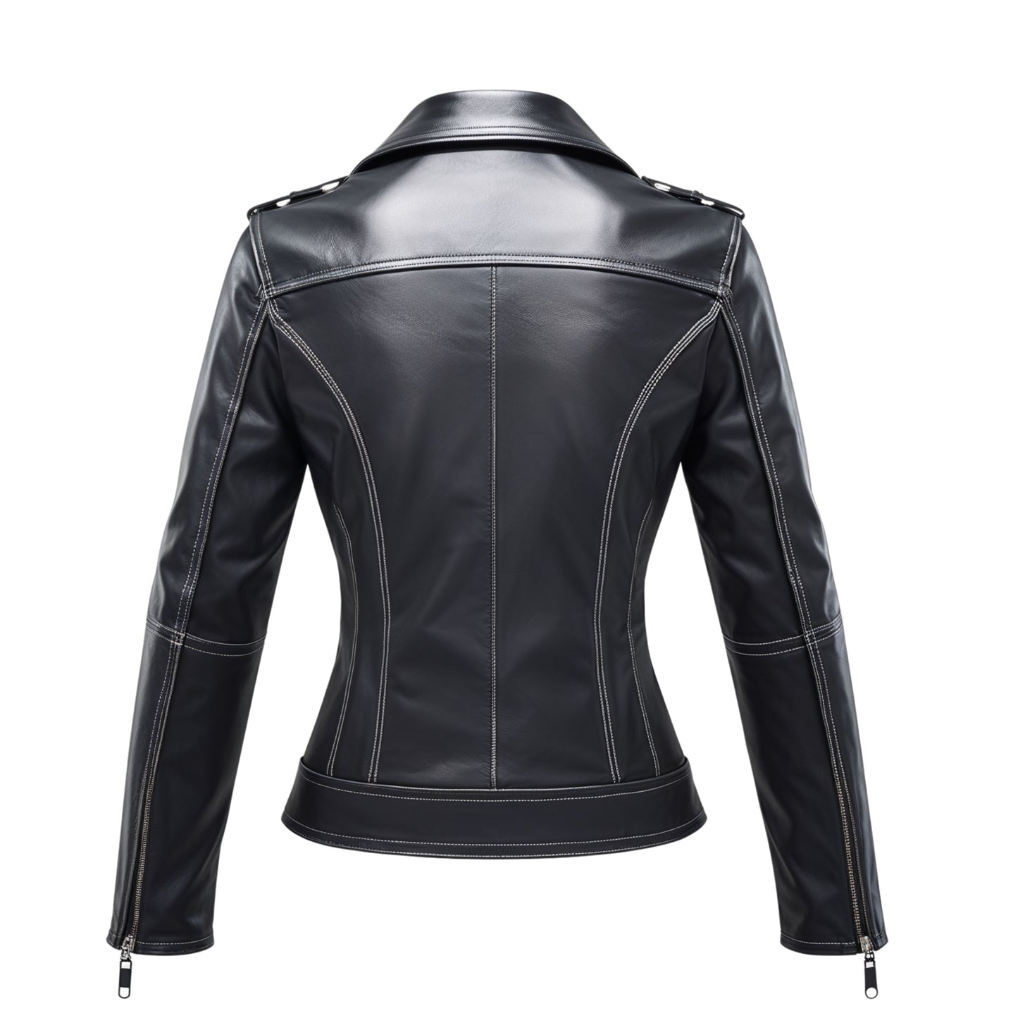 Womens Black Real Leather Biker Jacket: Moto Coat, Silver Hardware, Slim Fit Style