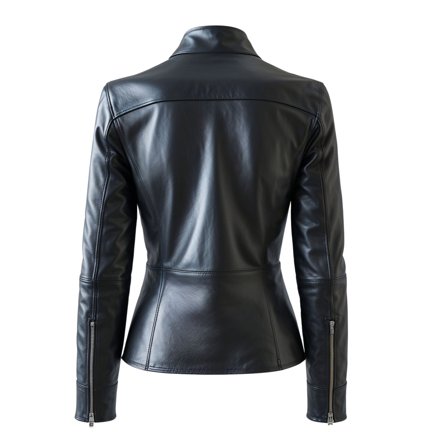 Women's Black Real Leather Cafe Racer Jacket with Stand Collar Snap Tab