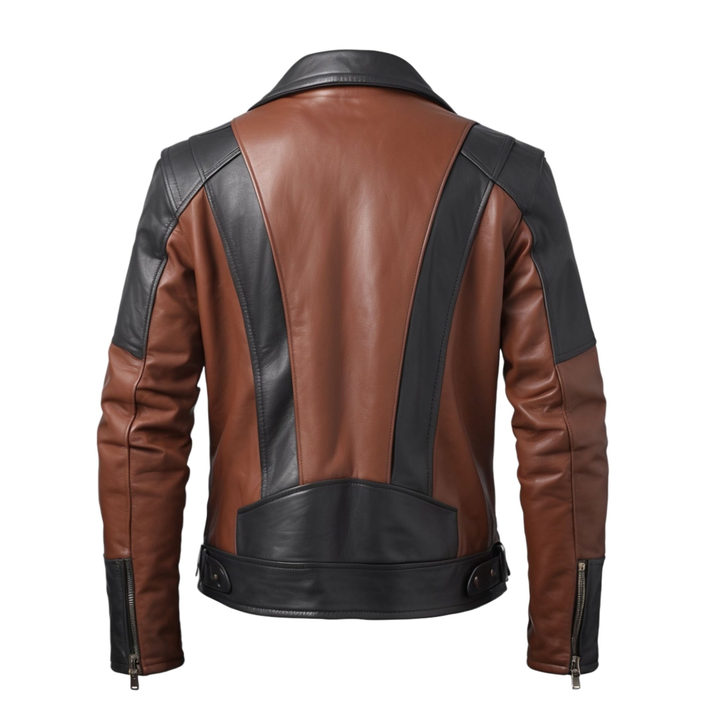 Men's Two-Tone Leather Biker Jacket: Black Body, Brown Sleeves, Asymmetrical Zipper, Silver Hardware