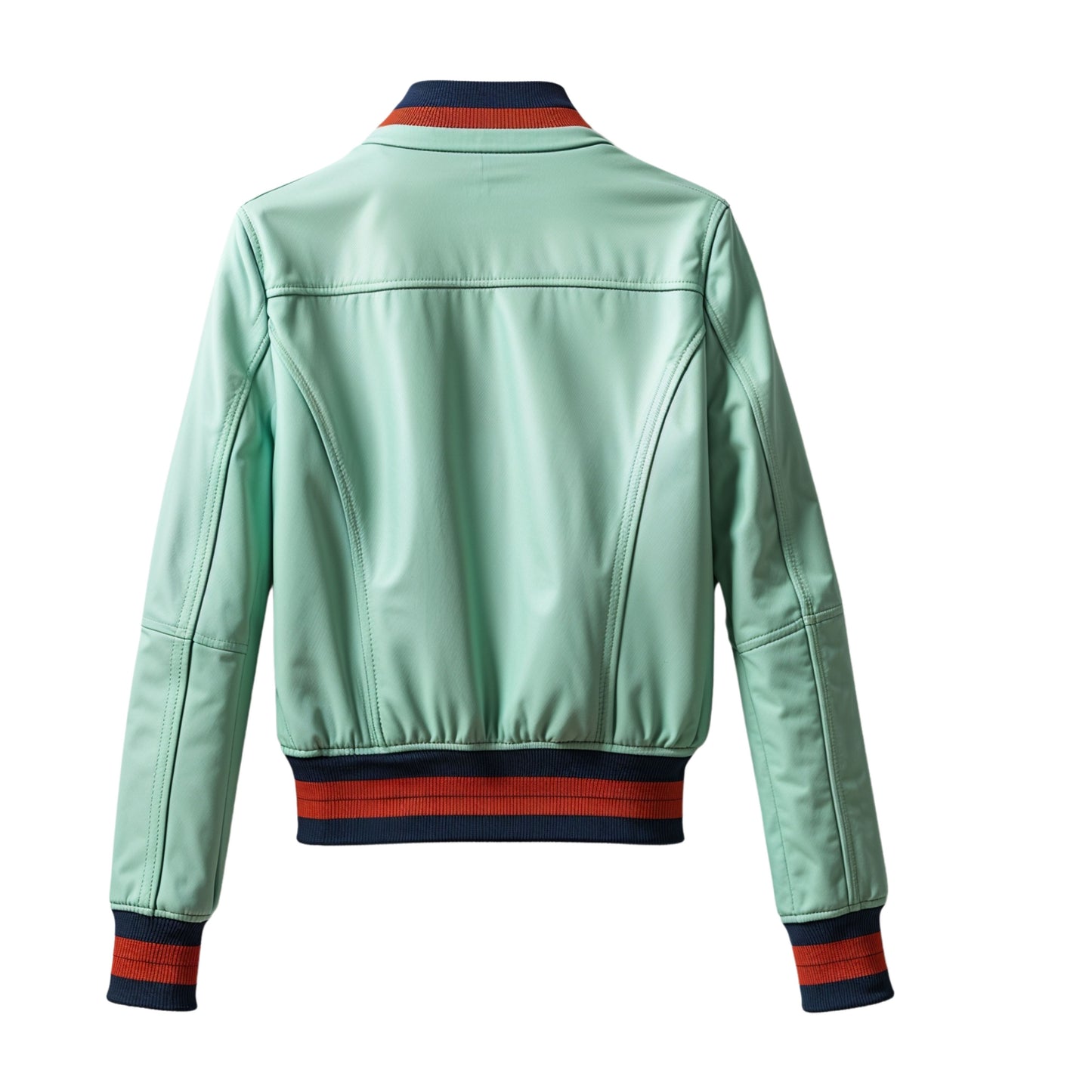 Mint Green Leather Bomber Jacket: Cropped Flight Style, Varsity Collar, Zip Pockets