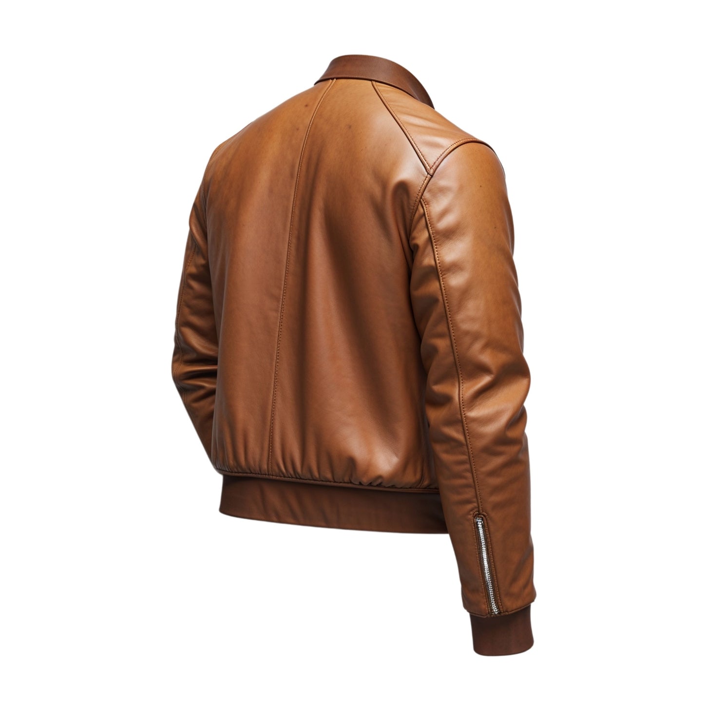 Men's Tan Genuine Leather Bomber Jacket with Zip Detailing and Ribbed Trim