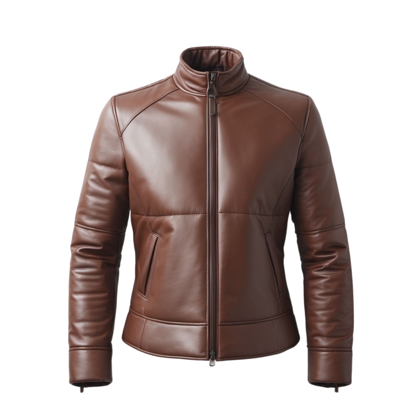 Men's Brown Real Leather Jacket: Minimalist Zip Front, Stand Up Collar Casual Wear