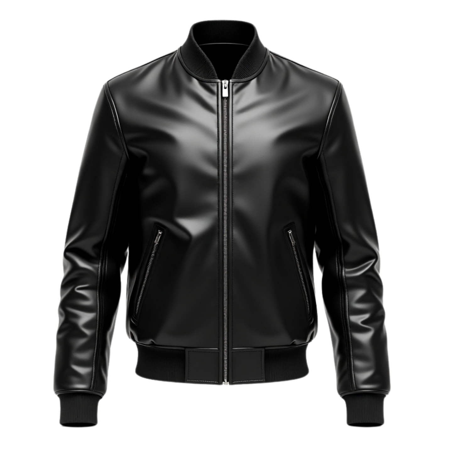 Men's Black Real Leather Bomber Jacket with Side Zipper Pockets Ribbed Hem